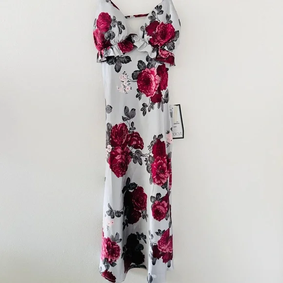 NWT Pear Culture x Macy’s Gray Silver Satin Floral Gown - Picture 6 of 8